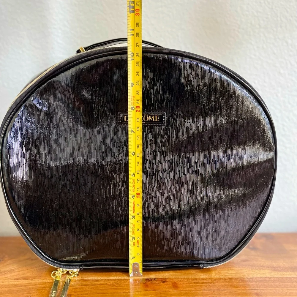 Lancome Large Round Black Patent Leather-Look Makeup Case Travel Bag NWOT